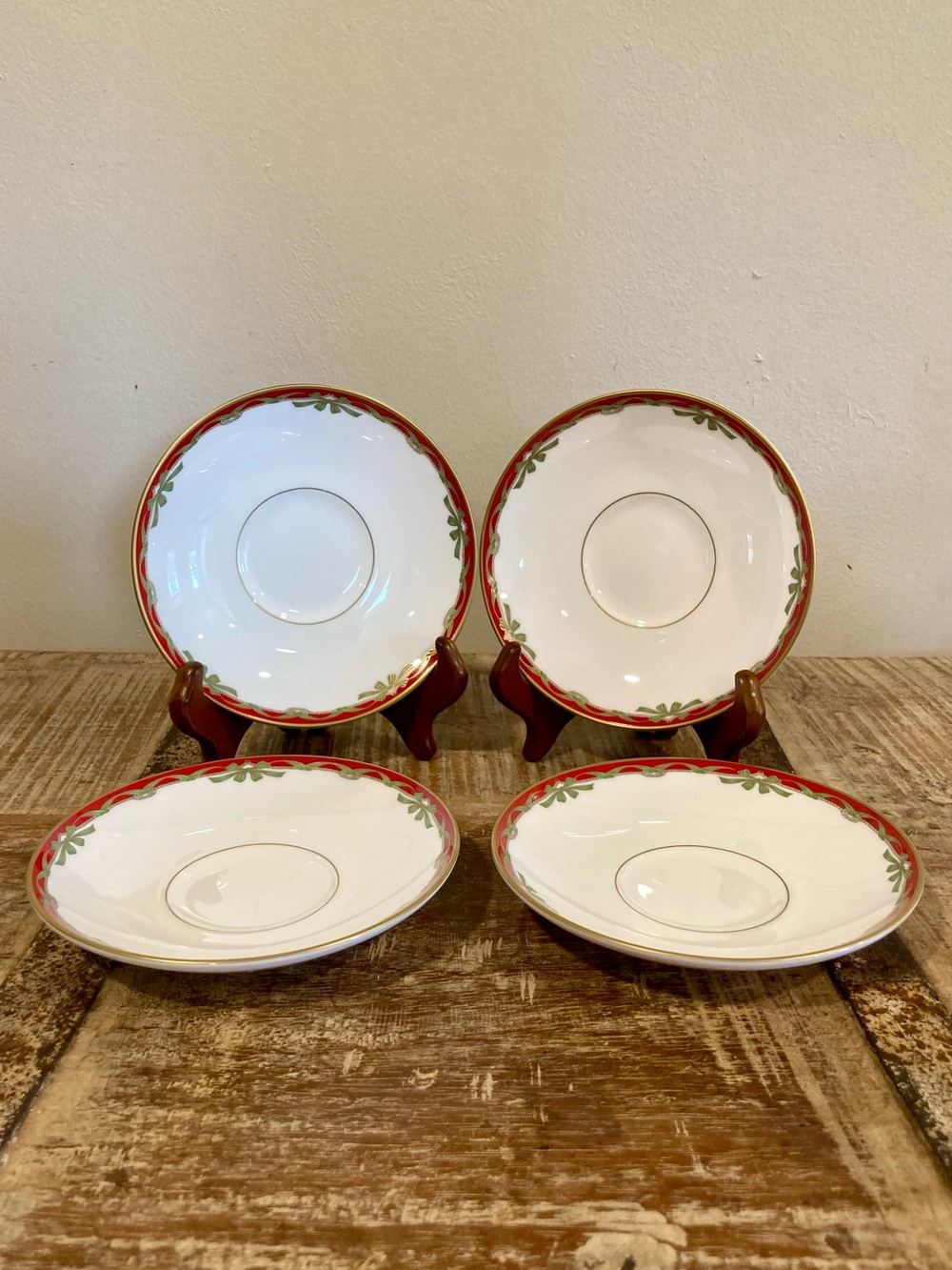 4 Saucers Waterford Fine China Holiday Ribbons Christmas